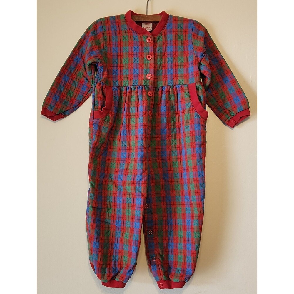 VTG Hanna Andersson Plaid Quilted Romper Jumpsuit 90cm 3T 1990s Red Blue Green